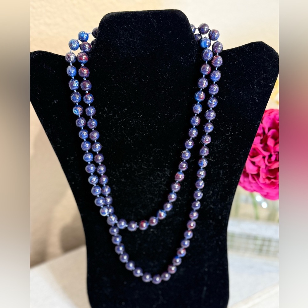 Vintage Hand-Knotted Marbled Blue & Red Beaded‎ Rope Necklace - Mid-Century 43”